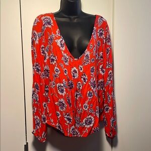 Orange Boho Hippie Low Cut Women's Long SleeveTop- beach style